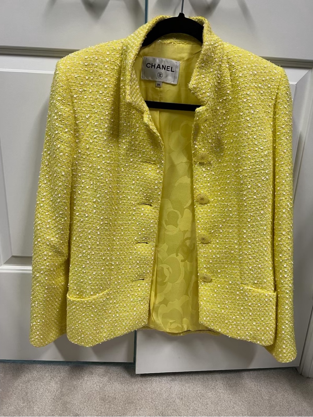 CHANEL Yellow Tweed Collarless Jacket